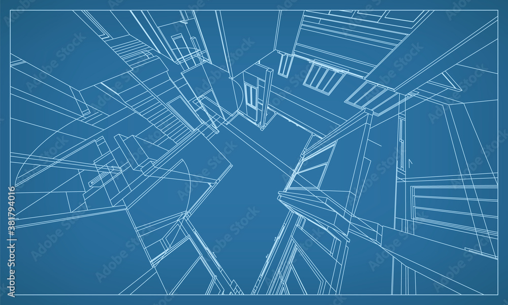 Poster 3d perspective render of building wireframe structure. abstract construction graphic idea. vector.