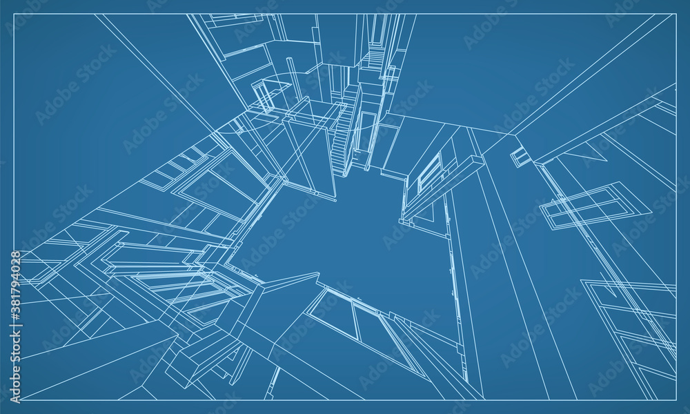 Poster 3d perspective render of building wireframe structure. abstract construction graphic idea. vector.