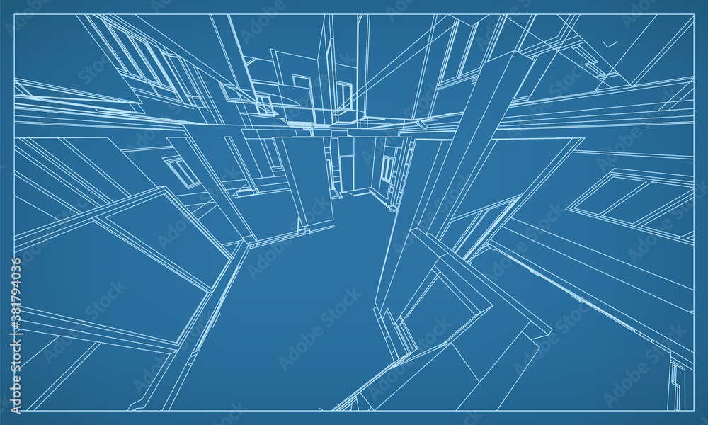 Poster 3d perspective render of building wireframe structure. abstract construction graphic idea. vector.