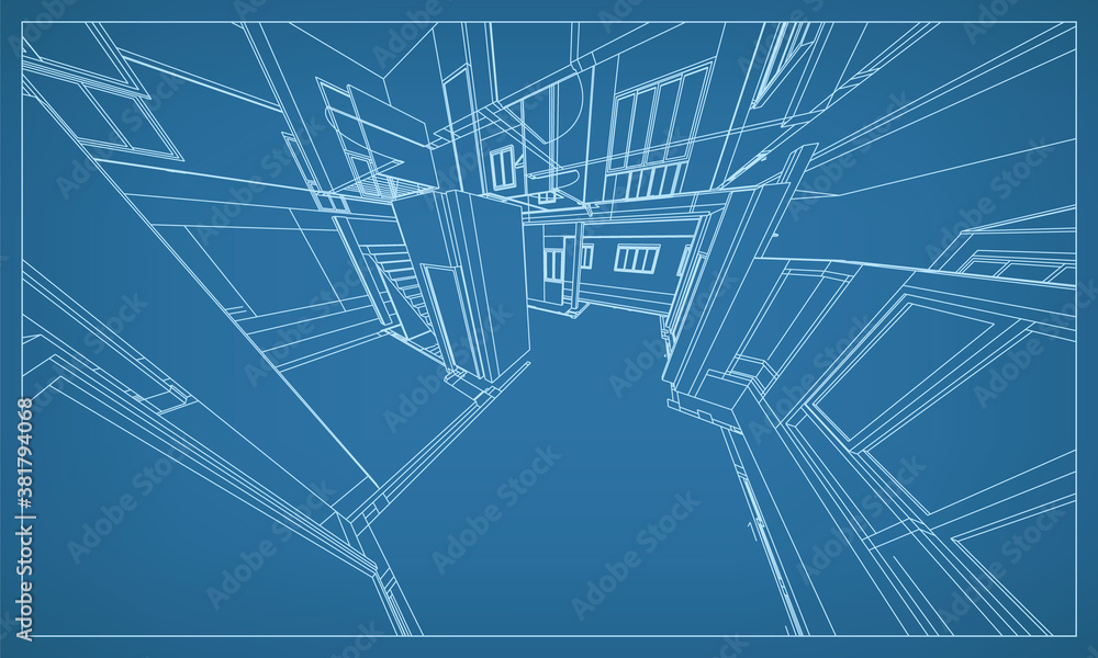 Poster 3d perspective render of building wireframe structure. abstract construction graphic idea. vector.