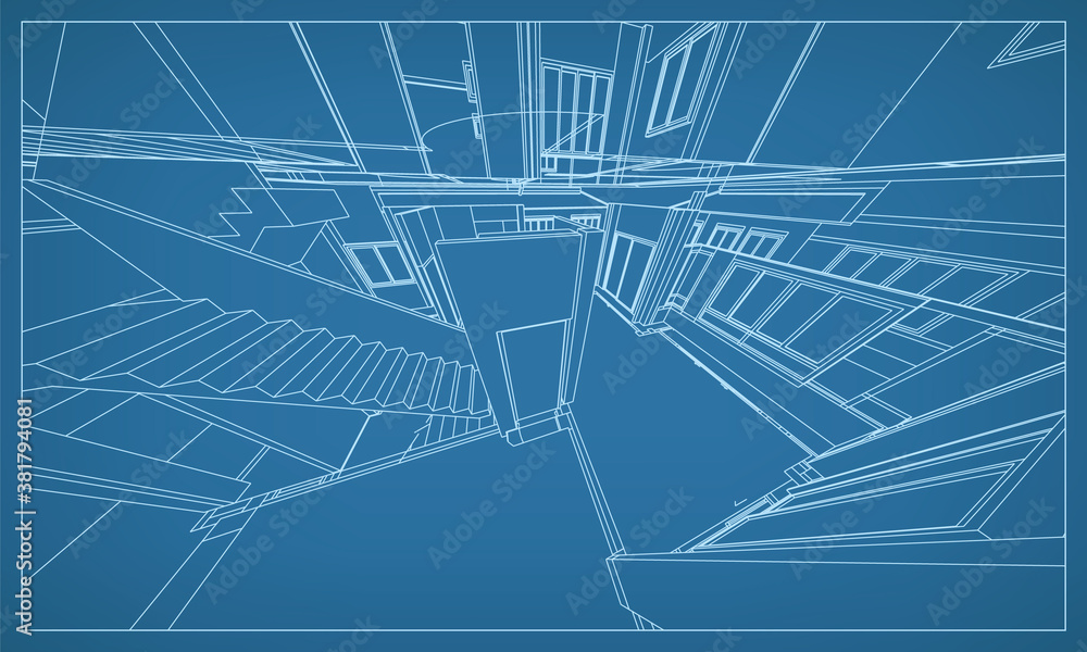 Poster 3d perspective render of building wireframe structure. abstract construction graphic idea. vector.