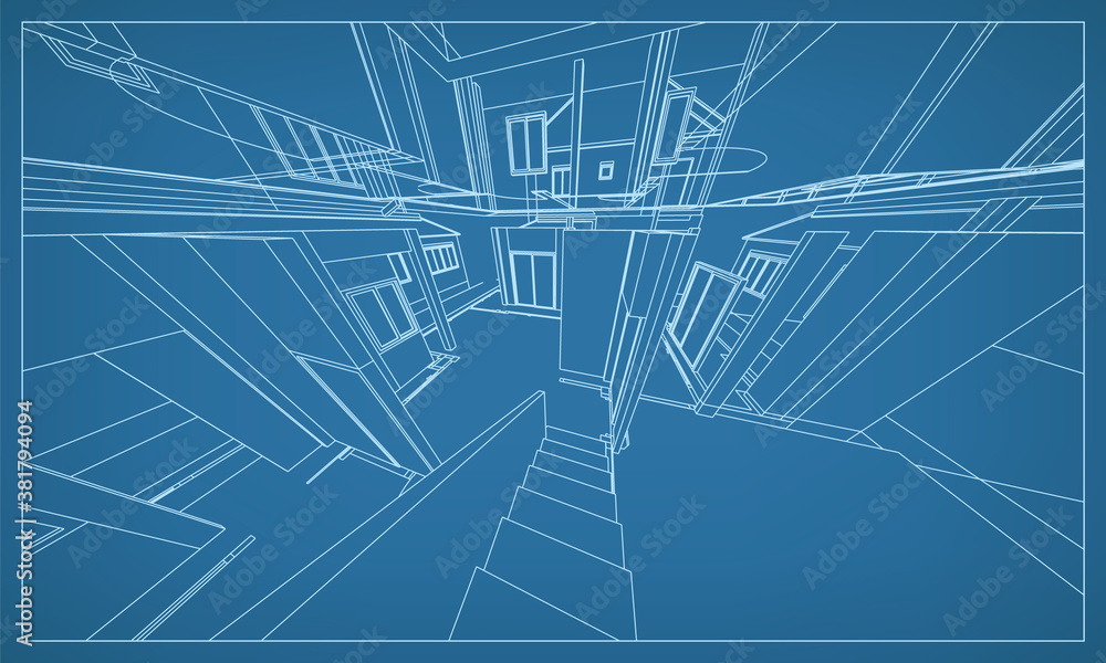 Poster 3d perspective render of building wireframe structure. abstract construction graphic idea. vector.