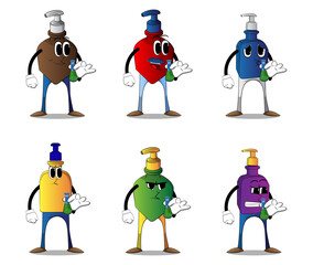 Cartoon bottle of hand sanitizer gel for hygiene with face holding a test tube.