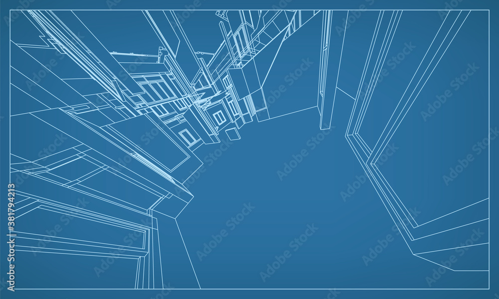 Poster 3d perspective render of building wireframe structure. abstract construction graphic idea. vector.