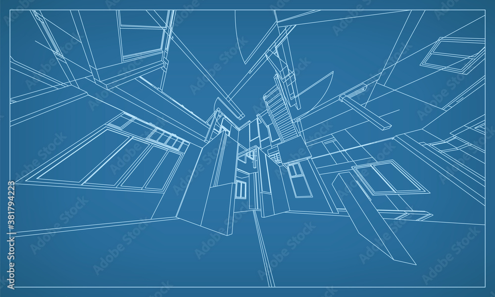 Poster 3d perspective render of building wireframe structure. abstract construction graphic idea. vector.