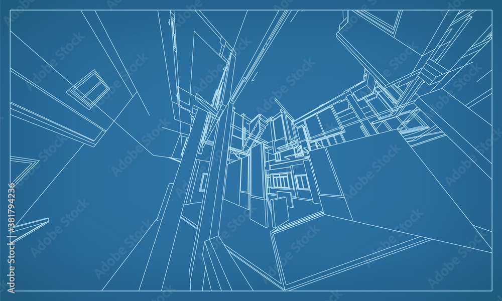 Poster 3d perspective render of building wireframe structure. abstract construction graphic idea. vector.