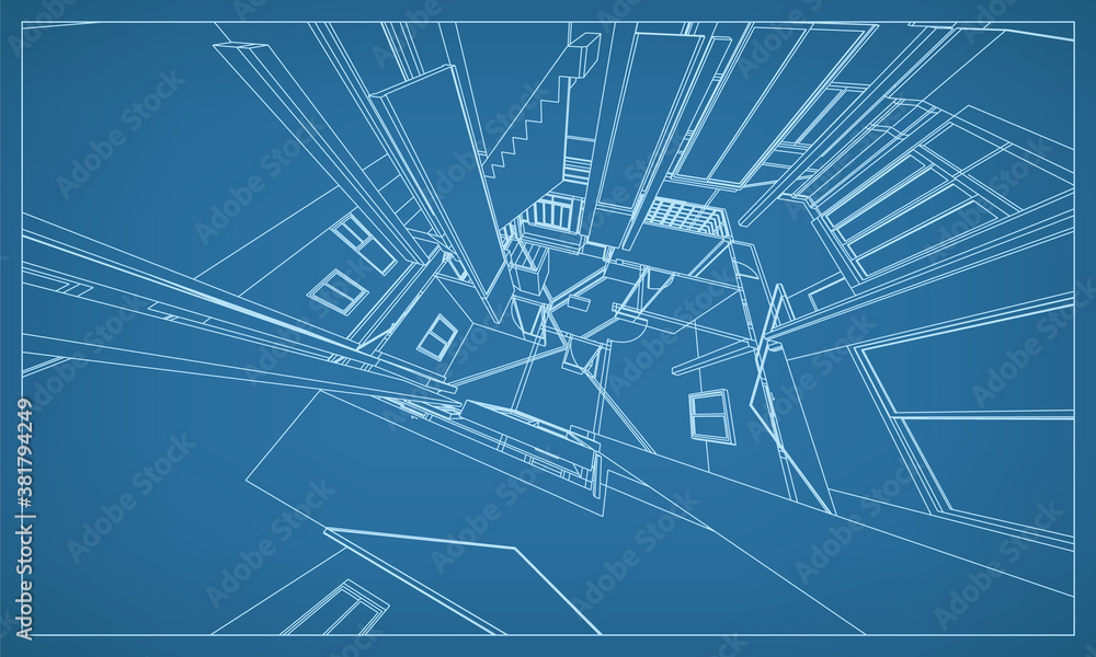 Poster 3d perspective render of building wireframe structure. abstract construction graphic idea. vector.