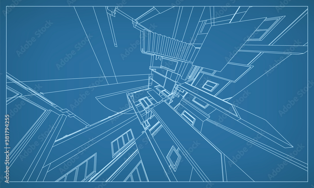 Poster 3d perspective render of building wireframe structure. abstract construction graphic idea. vector.