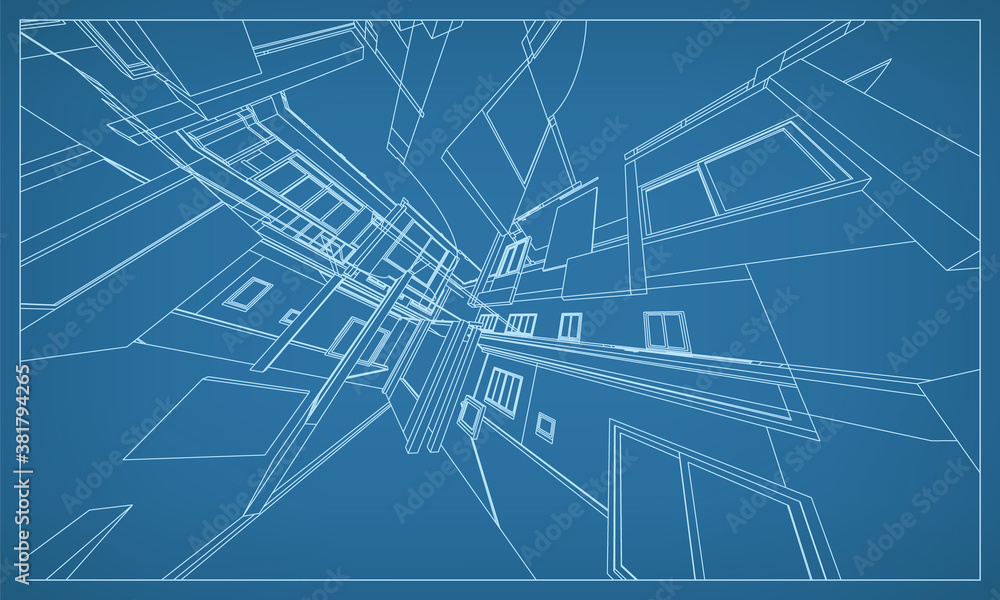 Poster 3d perspective render of building wireframe structure. abstract construction graphic idea. vector.