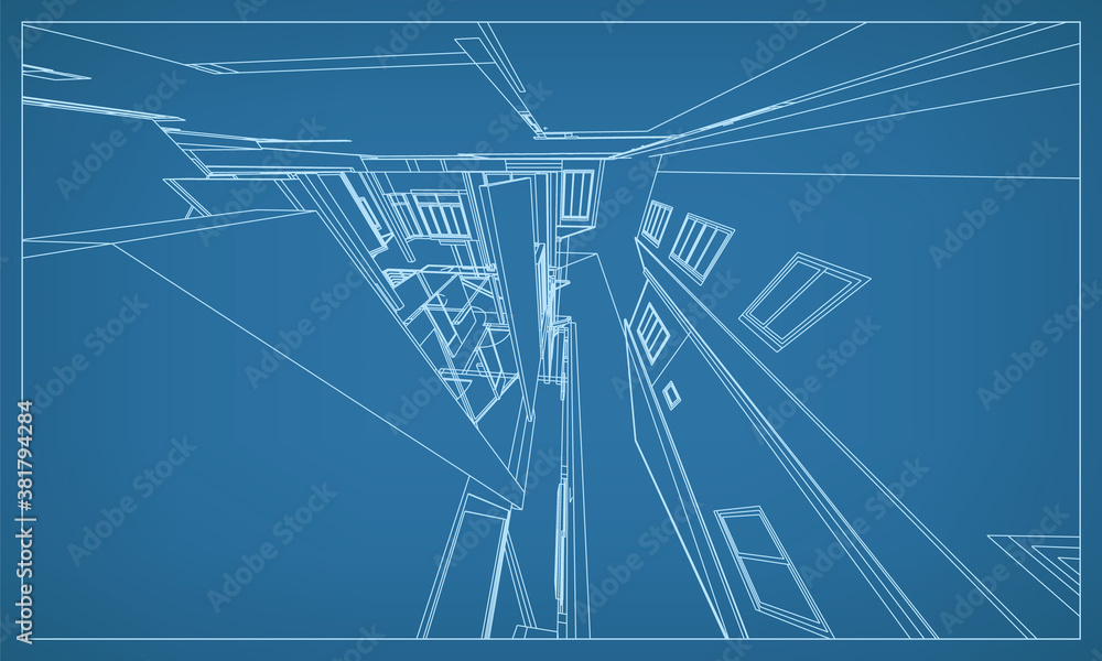 Poster 3d perspective render of building wireframe structure. abstract construction graphic idea. vector.