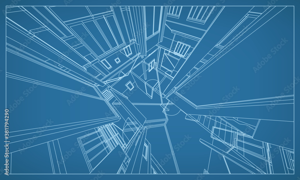 Poster 3d perspective render of building wireframe structure. abstract construction graphic idea. vector.