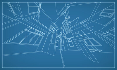 3D perspective render of building wireframe structure. Abstract construction graphic idea. Vector.
