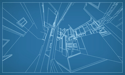 3D perspective render of building wireframe structure. Abstract construction graphic idea. Vector.