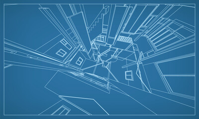 3D perspective render of building wireframe structure. Abstract construction graphic idea. Vector.