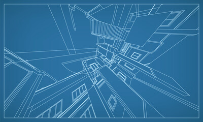 3D perspective render of building wireframe structure. Abstract construction graphic idea. Vector.