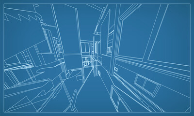 3D perspective render of building wireframe structure. Abstract construction graphic idea. Vector.
