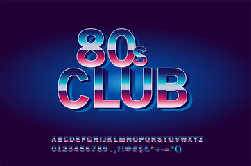 80s Disco alphabet font. Futuristic metal chrome letters. Bright Alphabet on dark background. Light Symbols Sign for night show in club. concept of galaxy space. Set of types.