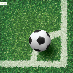 Obraz premium Soccer football ball in corner area of soccer field with green grass pattern texture background. Vector.