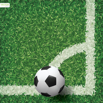 Soccer football ball in corner area of soccer field with green grass pattern texture background. Vector.