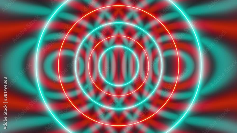 Poster abstract neon circles form an endless tunnel, computer generated. 3d rendering of bright fill backgr