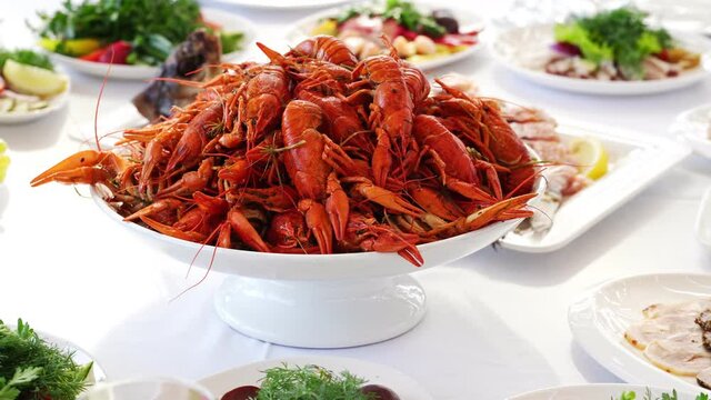 traditional Russian cuisine. crayfish on holiday table. beer snack.