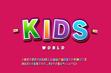 Cute Font for Kids. Cute 3D Font style. Gradient color Glossy Alphabet Letters, Numbers and Symbols.