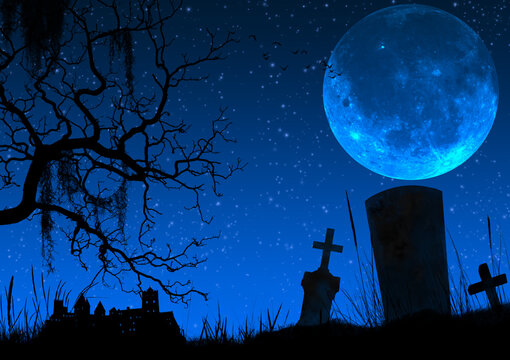 Illustration of a full moon floating in the background of a grave and a castle 3