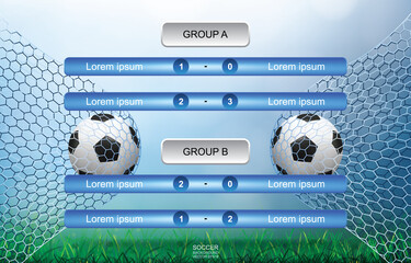 Match schedule background for soccer football cup with green grass field and light blurred bokeh background. Soccer football tournament schedule. Vector.