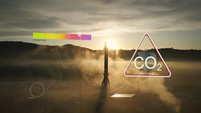 Silhouette of smoke emission into the air with animation of hazard sign of Carbon dioxide emitting and scale for measurement of air quality. Aerial.