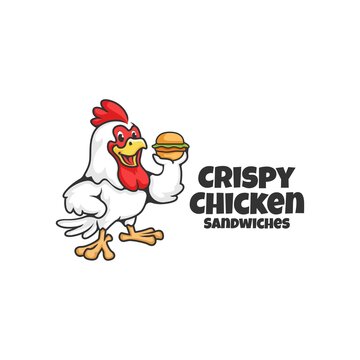 Crispy Chicken Sandwiches mascot. rooster holding sandwich. vector illustration.