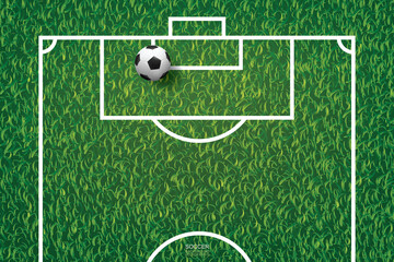 Soccer football ball on green grass of soccer field pattern and texture background. Vector.