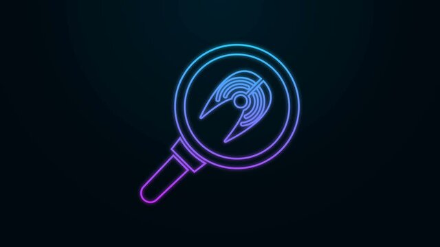 Glowing neon line Fish steak in frying pan icon isolated on black background. 4K Video motion graphic animation