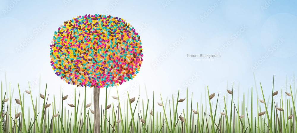 Poster abstract colorful of tree in green field area with blue sky and soft light background. vector.