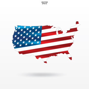 Map of the USA with american flag pattern. Outline of "United States of America" map on white background with soft shadow. Vector.