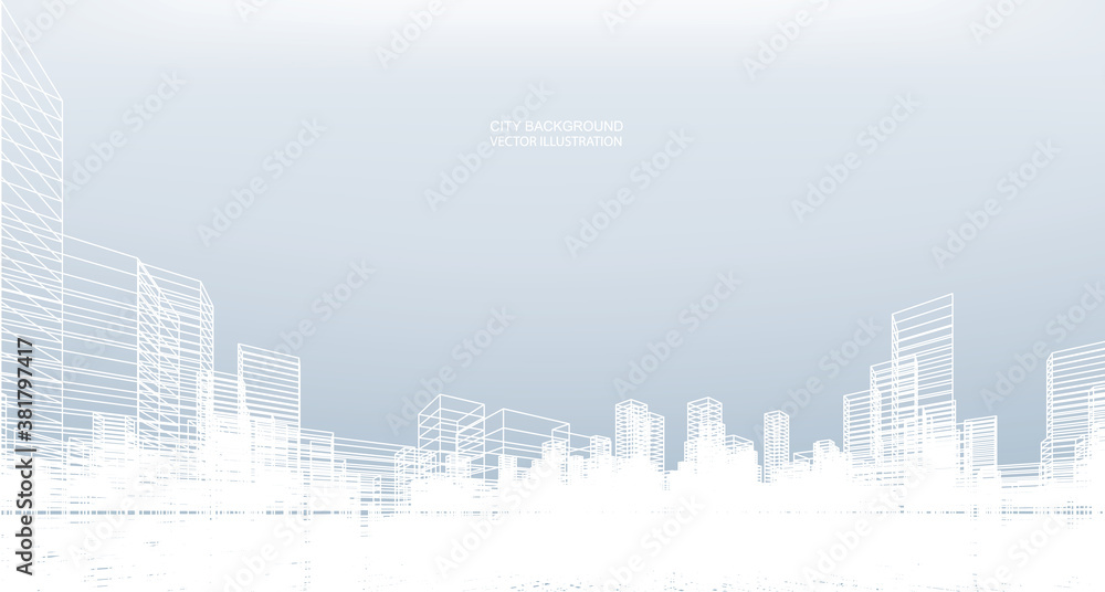 Wall mural Abstract wireframe city background. Perspective 3D render of building wireframe. Vector.