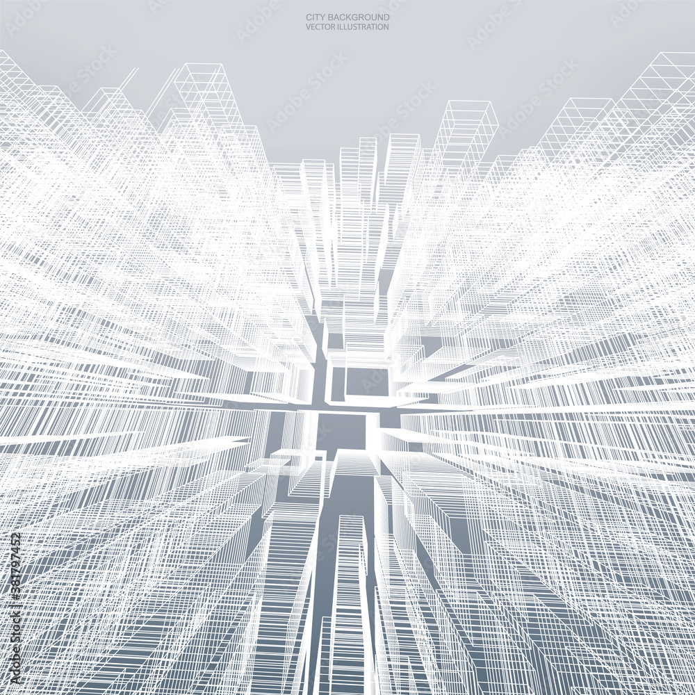 Poster abstract virtual zoom of wireframe for background. perspective 3d render of building wireframe. vect