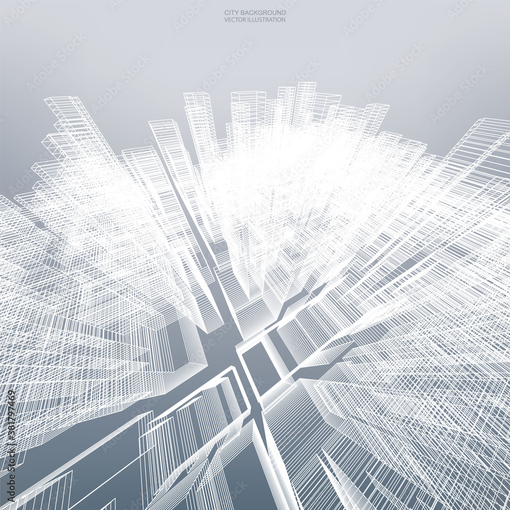 Poster abstract virtual zoom of wireframe for background. perspective 3d render of building wireframe. vect