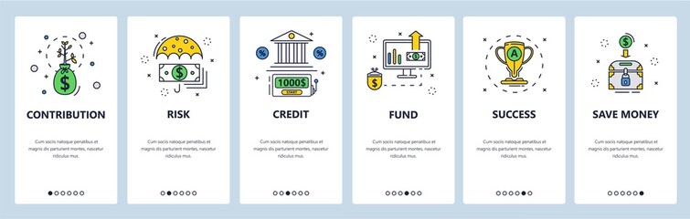 Money contribution, risk and success. Bank loan. Money savings. Mobile app screens, vector website banner template. - obrazy, fototapety, plakaty