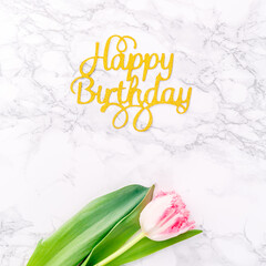 Pink tulips and gold Happy birthday letters on white marble background. Spring and celebration concept. Copy space Top view.. Square