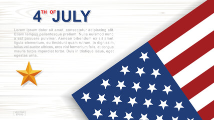 4th of July - Background for USA(United States of America) Independence Day with white wood pattern and texture and American flag. Vector.