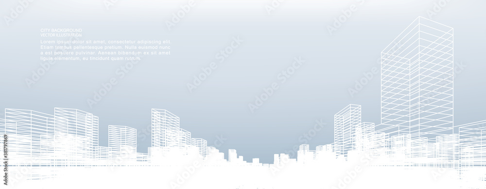 Poster abstract wireframe city background. perspective 3d render of building wireframe. vector.