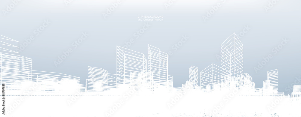 Aufkleber abstract wireframe city background. perspective 3d render of building wireframe. vector.
