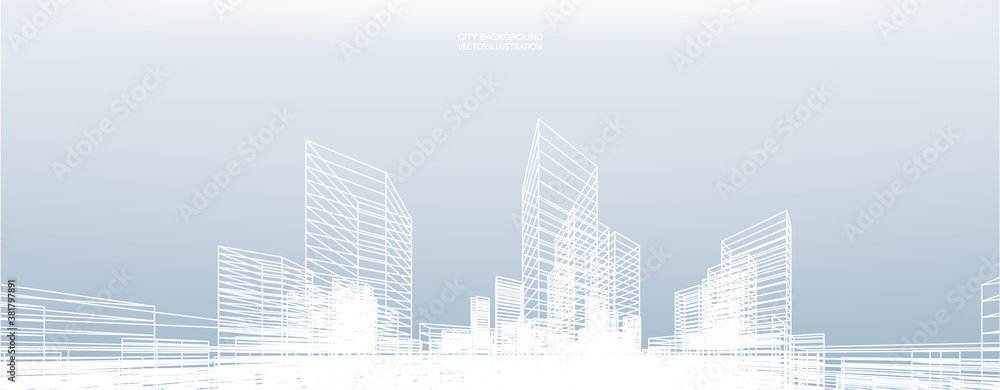 Poster abstract wireframe city background. perspective 3d render of building wireframe. vector.