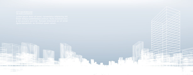 Abstract wireframe city background. Perspective 3D render of building wireframe. Vector. - obrazy, fototapety, plakaty