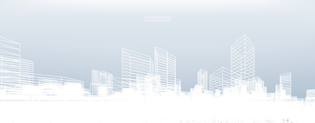 Abstract wireframe city background. Perspective 3D render of building wireframe. Vector.