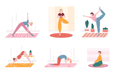 Man and woman characters doing exercise and staying in yoga position. Vector illustration set of people stretching, doing sports, yoga exercise, fitness. Healthy lifestyle
