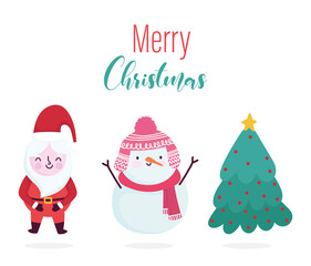 merry christmas, santa claus snowman and tree decoration celebration card for greeting