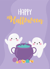 happy halloween, funny ghosts cauldron and candies treat or trick