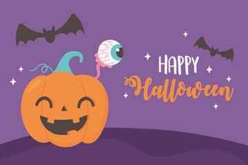 happy halloween funny pumpkin spooky eye and bats card