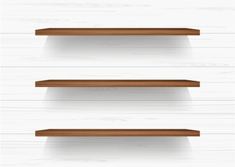 Wooden shelf on white wooden wall background with soft shadow. Vector.